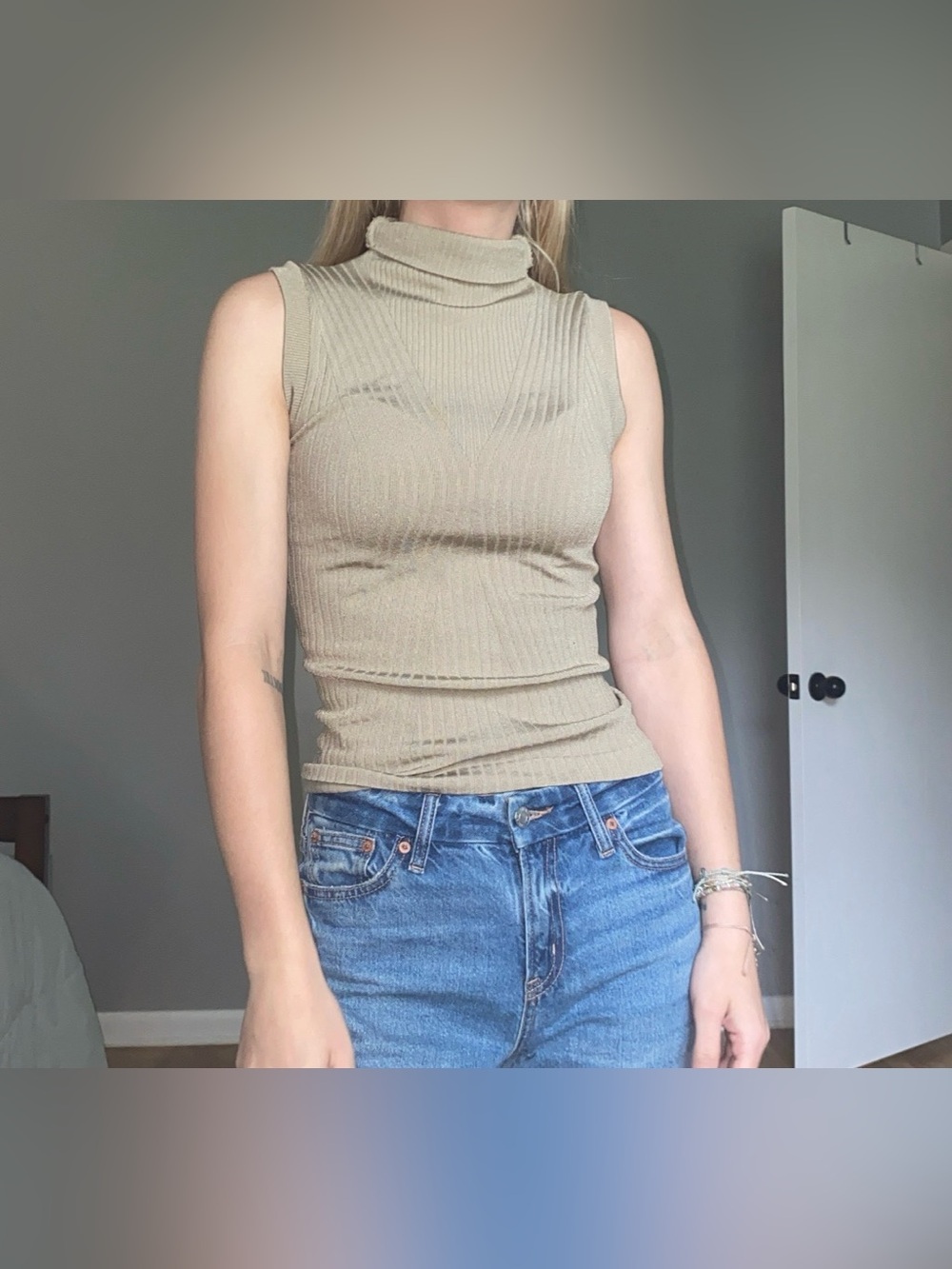 Aura Ribbed Sleeveless Turtleneck Tank Top - Beige